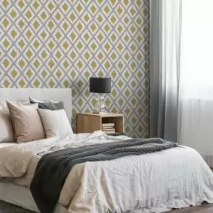 Image of Fresco - Ikat Geometric Ochre Wallpaper - Green