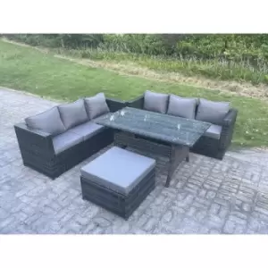 Image of Fimous 6 Seater Outdoor Dark Grey Mixed PE Wicker Lounge Complete Sofa Set with Rectangular Dining Table and Big Footstool