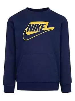 image of Nike Kids Boys AOP Club Seasonal Crew Sweat, Dark Blue, Size 3-4 Years