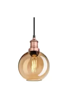 Image of Brooklyn Tinted Glass Globe Pendant, 7 Inch, Amber, Copper Holder