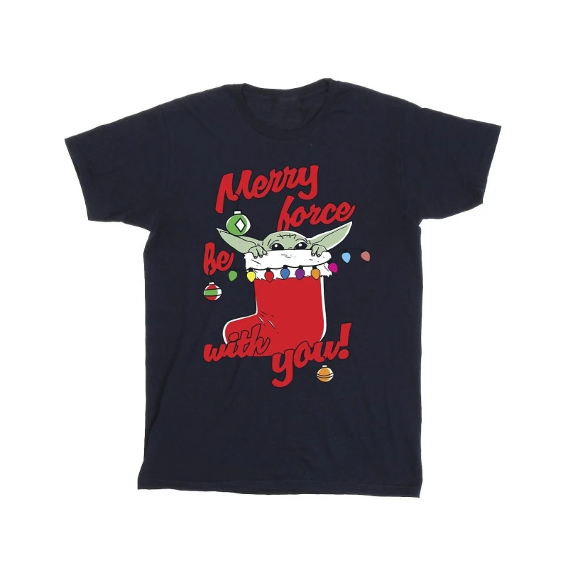 Image of Star Wars Star Wars Men Merry Force Be With You Cotton T-Shirt in Navy Size: Small Navy S Male 5063376849234