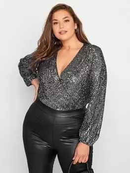 image of Yours Sequin Mesh Bodysuit - Silver, Size 16, Women