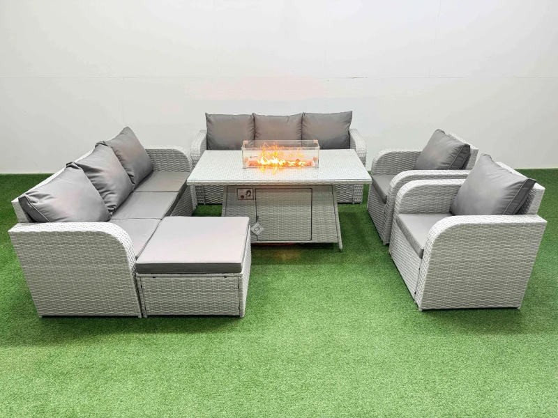 Image of Fimous PE Rattan High Back Lounge Sofa Set Patio Firepit Dining Table & Chairs Set with 3 Seater Sofa Reclining Chair Big Footstool Light Grey Light G