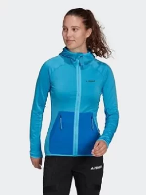 Image of adidas Terrex Tech Flooce Light Hooded Hiking Jacket, Blue Size M Women