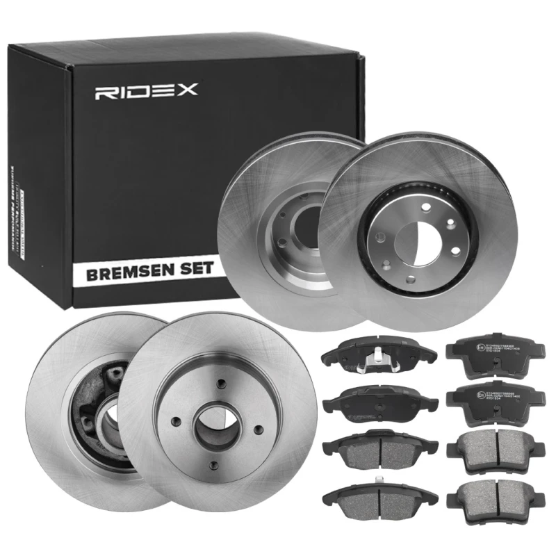 Image of RIDEX 3405B1716 Brake disc and pads set Rear Axle, Brake Disc Type: Vented, not prepared for wear warning indicator, with piston clip Brake Set,disc