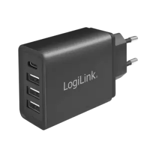 image of LogiLink USB Wall Charger, 4port, 3x USB-AF & 1x USB-CF, 27W, black