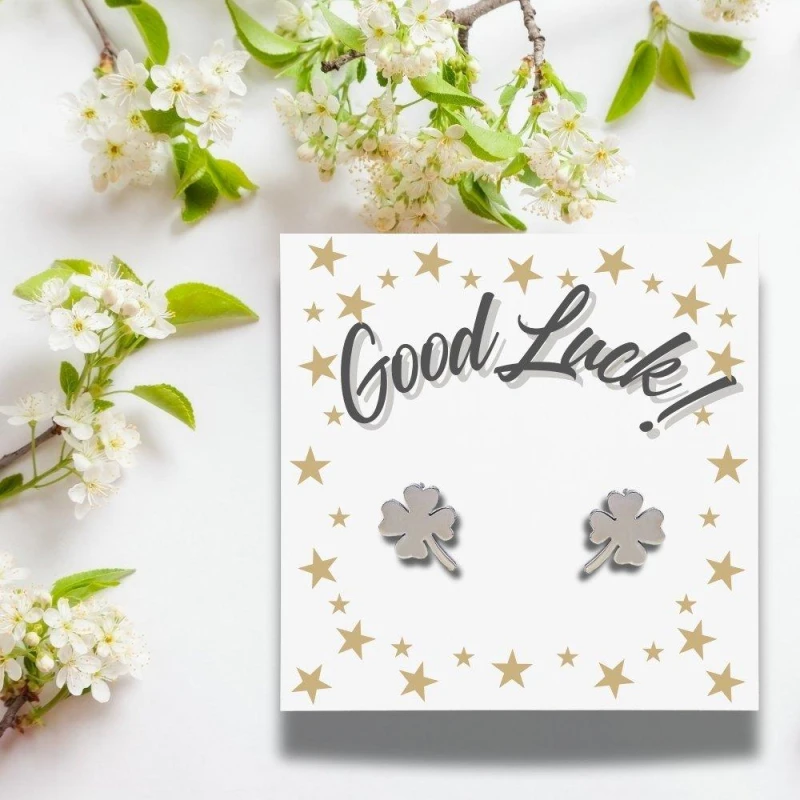 Image of Aye Do Gifts Good Luck Card & Four Leaf Clover Stud Earrings Silver female Stud