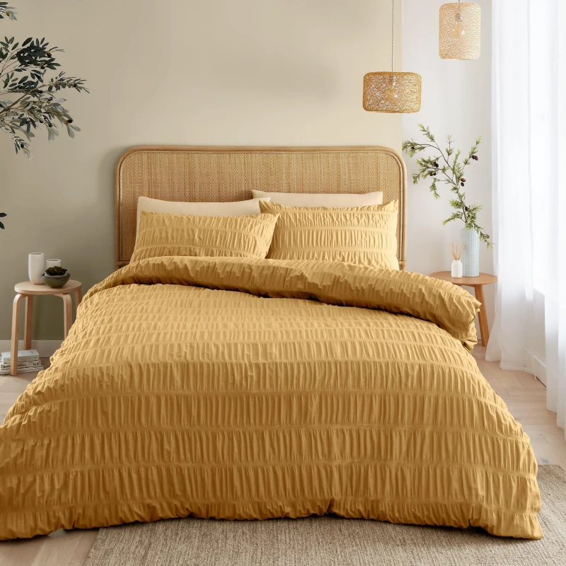 Image of Catherine Lansfield Seersucker Duvet Cover Set Caramel unisex Double