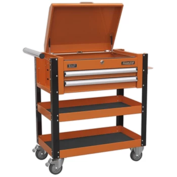 Image of Heavy-duty Mobile Tool & Parts Trolley 2 Drawers & Lockable Top - Orange
