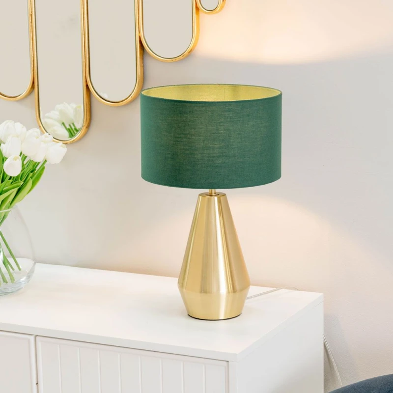 Image of ValueLights Jax Antique Brass Metal Dimmable Touch Table Lamp with Fabric Drum Shade Bottle Green