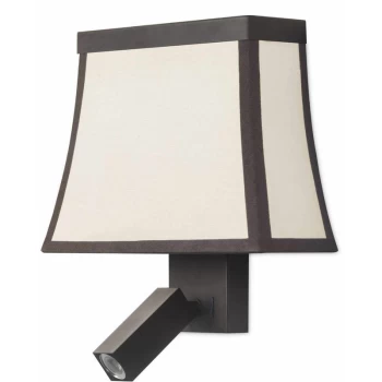 image of 05-leds C4 - Fancy wall lamp with reading light, brown steel and beige cotton lampshade