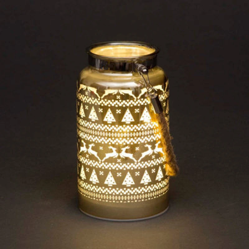 Image of Shatchi 16cm Christmas Decorated Jar Table Skandi Design Gold Lantern Gold