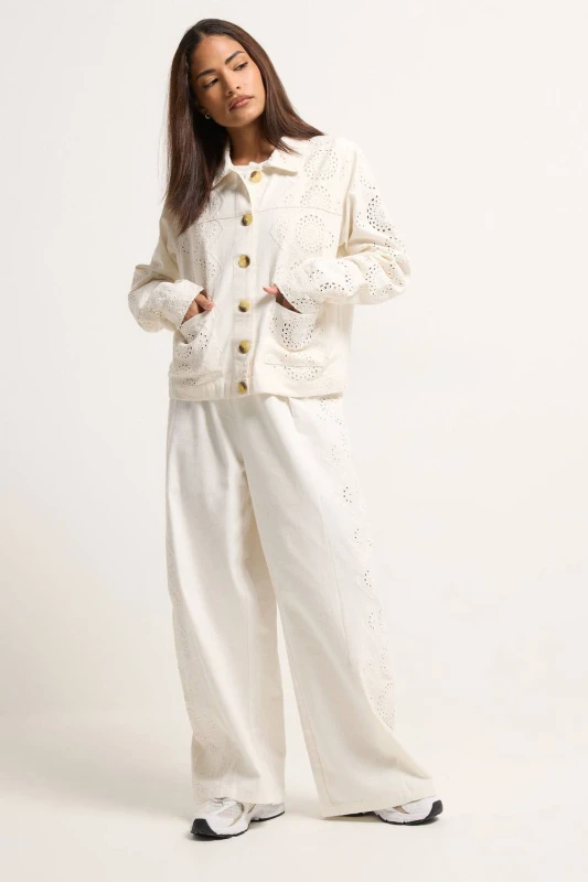 Image of PixieGirl Womens Petite Embroidered Wide Leg Trousers in Ivory Size: 12S Ivory Female 12S