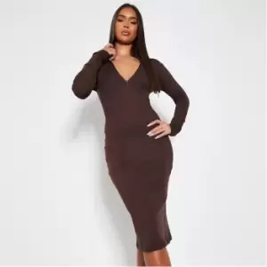 Image of I Saw It First Cotton Rib High Neck Long Sleeve Midi Dress - Brown