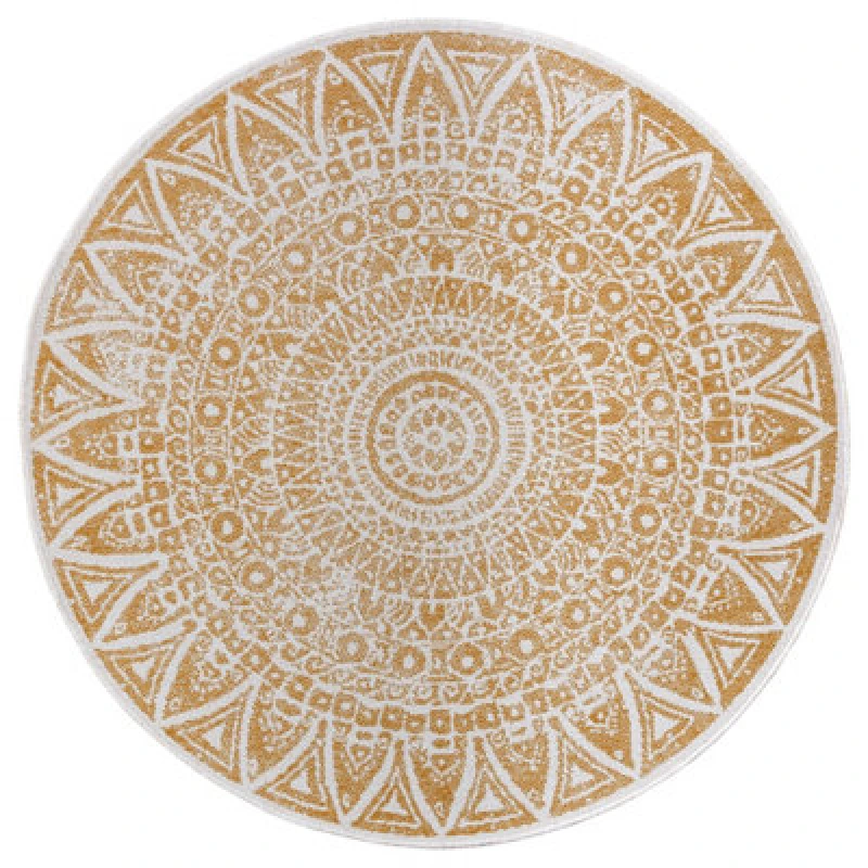 Image of The Rugs Lilja Vintage Round Rug Indoor Outdoor Reversible Durable Easy Care In Mustard
