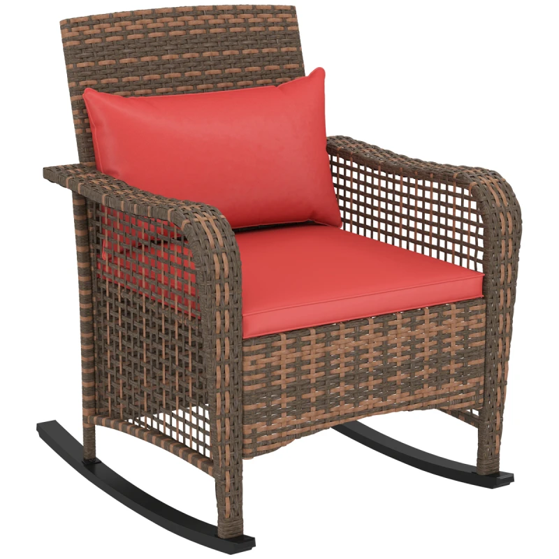 Image of Outsunny Rattan Garden Rocking Chair W/ Seat And Back Cushions, Red