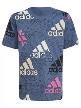 Image of adidas Essentials Big Logo Junior Kids Brand Love T-Shirt - Dark Blue, Dark Blue, Size 11-12 Years, Women