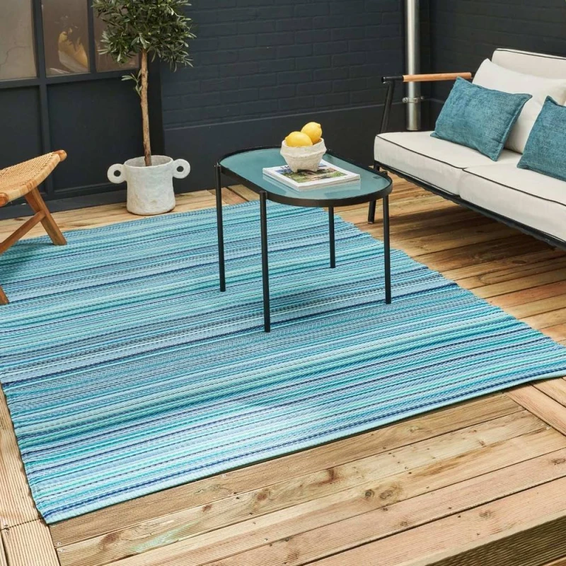 Image of THE RUGS Reversible Weatherproof Outdoor Blue Rugs Striped Rainbow 1020 Size: 120cm x 160cm Blue Unisex 120cm x 160 cm