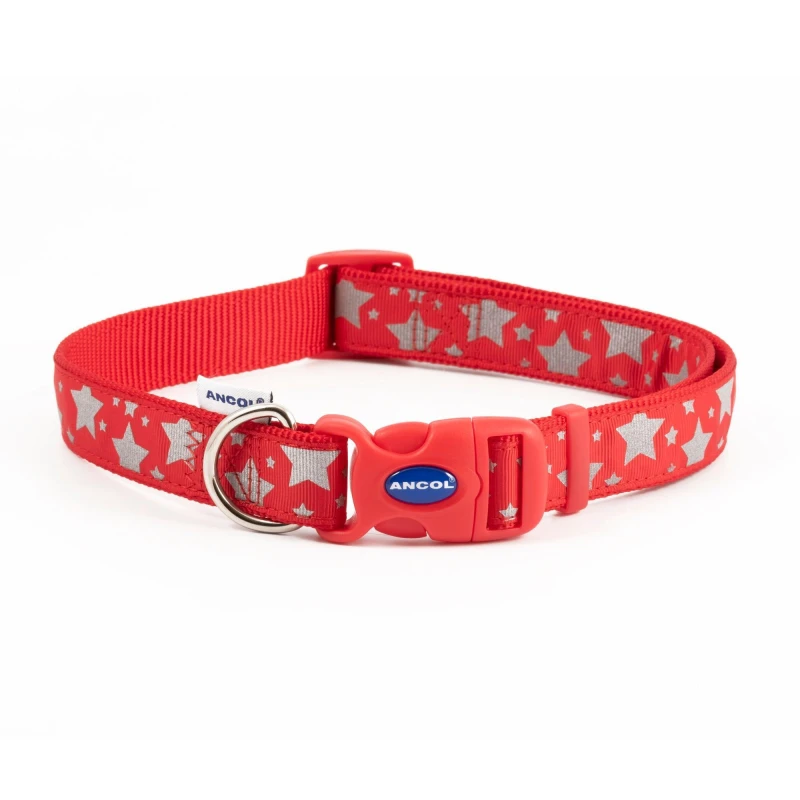 Image of Ancol Red Stars Print Reflective Adjustable 45-70cm Fashion Dog Collar Red