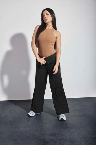 image of PixieGirl Petite Fold Over Waist Cargo Trousers Black