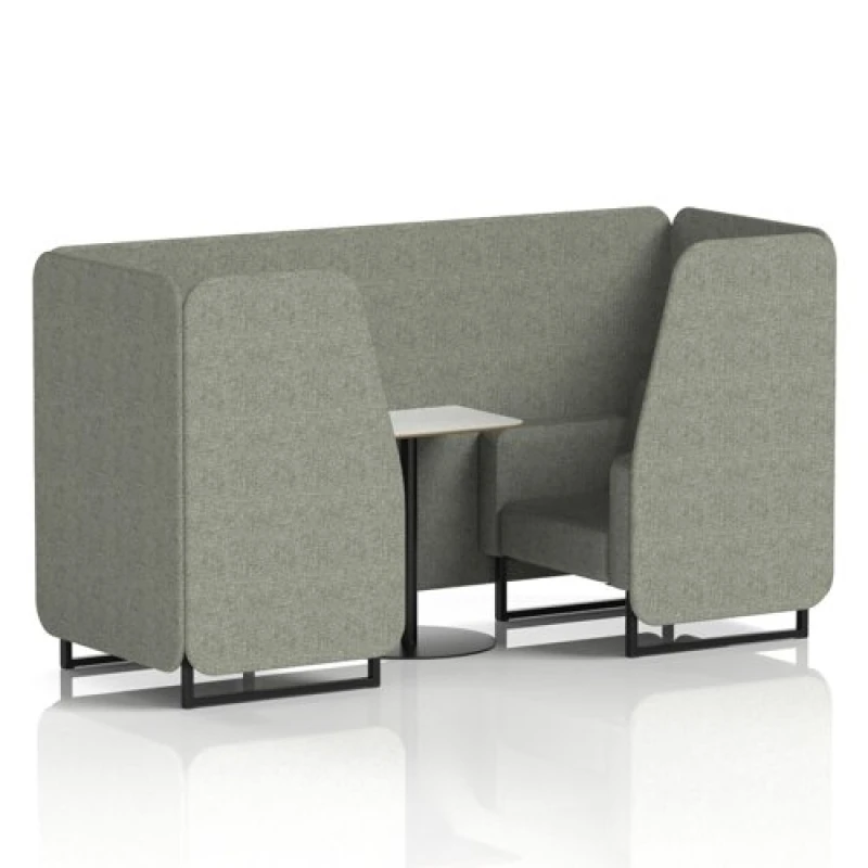 Image of Brixworth 2 Seater Office Booth with Front Panel - Black Legs and White Table with Black Leg in Rivet Fabric - Vitreous Panels and Sofa