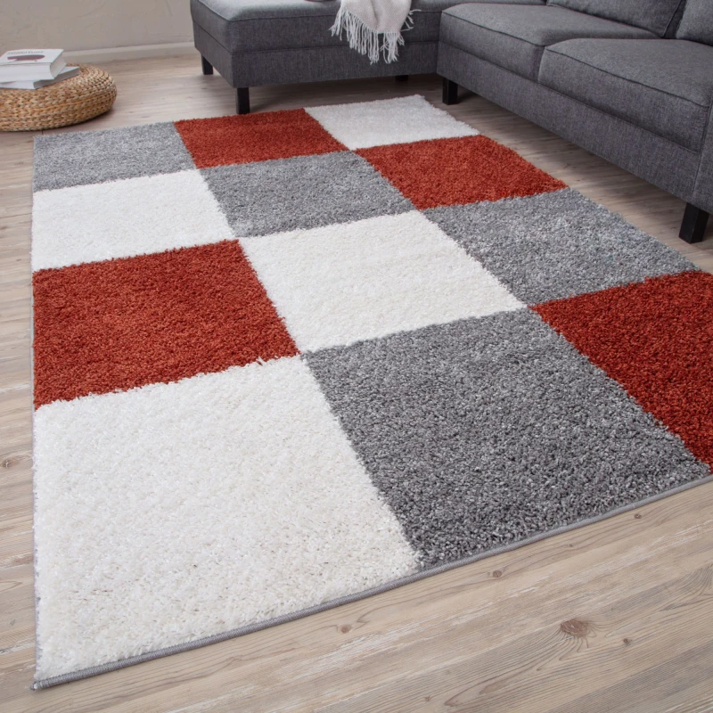 Image of THE RUGS Fluffy & Soft Shaggy Rugs Living Room Rug - Elegant Geometric Design Carpets For Bedrooms & Kitchen 381 Size: 140cm x 200cm Terracotta