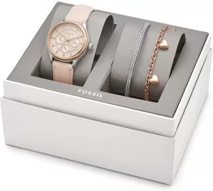 Image of Fossil Womens Modern Sophisticate Multifunction Tan Leather Watch And Jewelry Gift Set - Brown