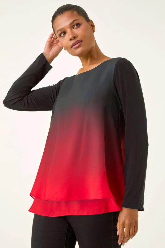Image of Roman Womens Ombre Chiffon Overlay Top in Red Size: 14 Red Female 14