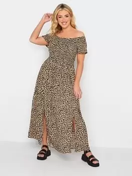 Image of Yours Shirred Bardot Maxi Dress Leopard, Brown, Size 18, Women