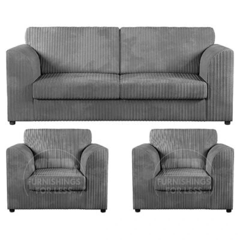 Image of Furnishings For Less UK Luxor Jumbo Cord 3 + 1 + 1 Fabric 3 Piece Sofa Suite - Fullback Grey