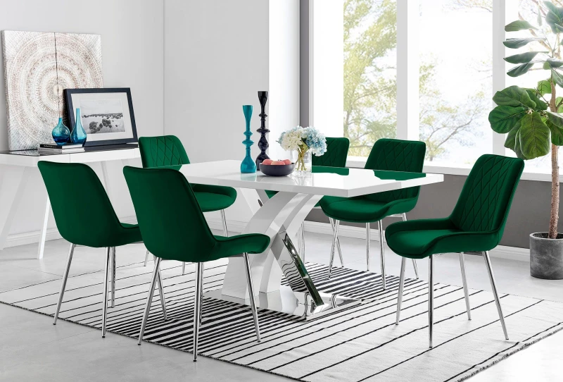 Image of FurnitureboxUK FurnitureboxUK Atlanta 6 White Dining Table and 6 Pesaro Silver Leg Chairs in Green Green One Size Unisex 5056542652868