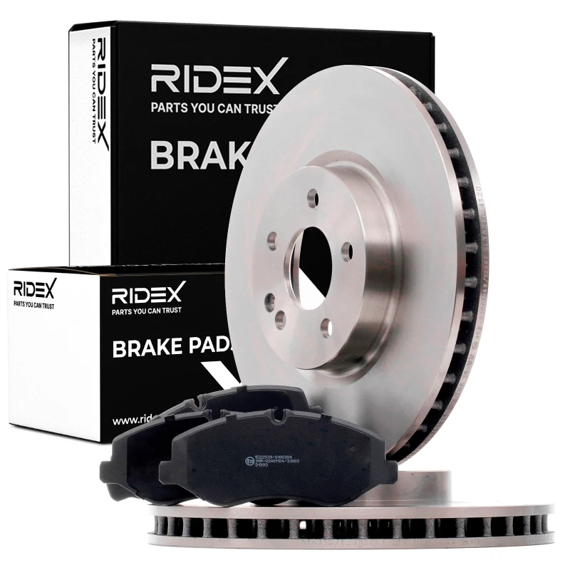 Image of RIDEX 3405B1079 Brake disc and pads set Front Axle, Brake Disc Type: Vented, prepared for wear warning indicator Brake Set,disc brakes (3405)