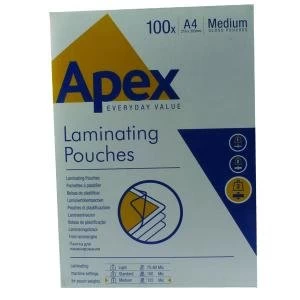 image of Fellowes Apex A4 Medium Laminating Pouches Clear Pack of 100 6003501