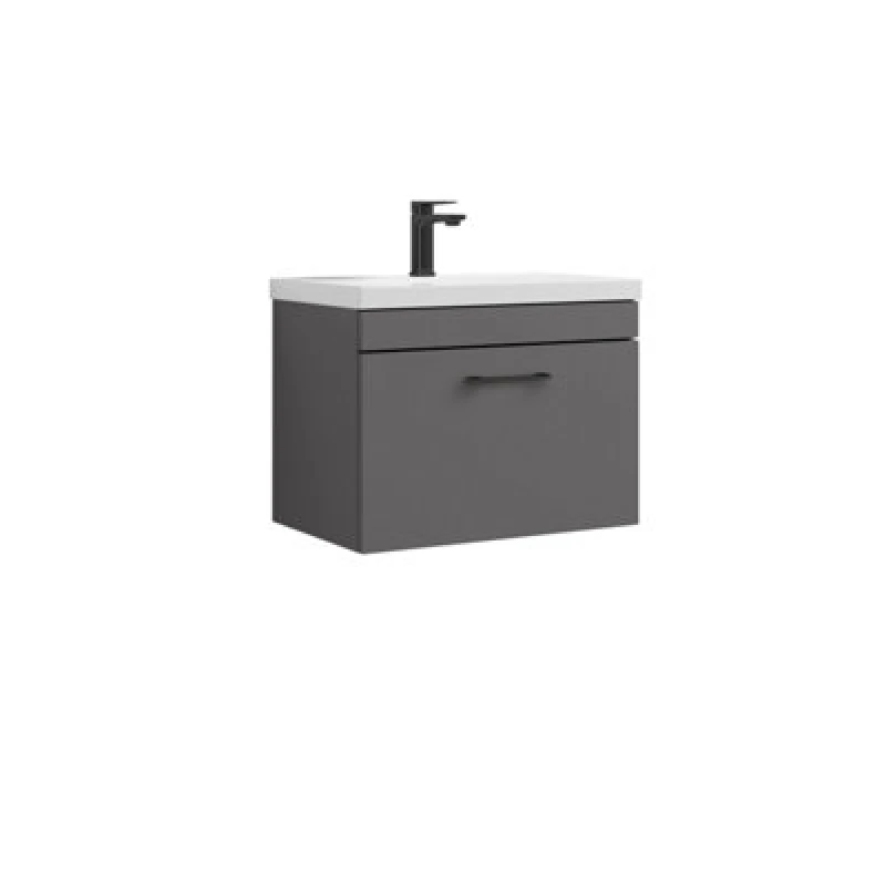 Image of Balterley 1 Drawer Wall Hung Vanity Basin Unit Gloss Grey Black D Handle 600mm Grey