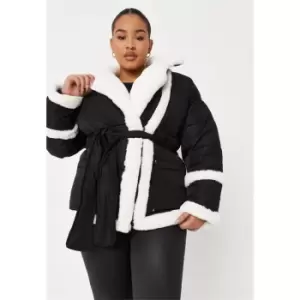 Missguided Fur Mix Belted Puffer - Black