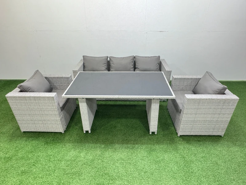 Image of FIMOUS Patio Garden Furniture Sets with Black Glass Top Dining Table Armchair 3 Seater Sofa Light Grey - Fimous B4000106060620