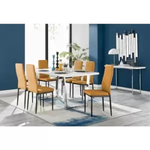 Image of Furniturebox UK - Furniturebox Kylo White High Gloss Dining Table & 6 Mustard Velvet Milan Dining Chairs With Black Legs