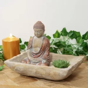 Image of Carved Wood Finish Thai Buddha Ornament with Succulent