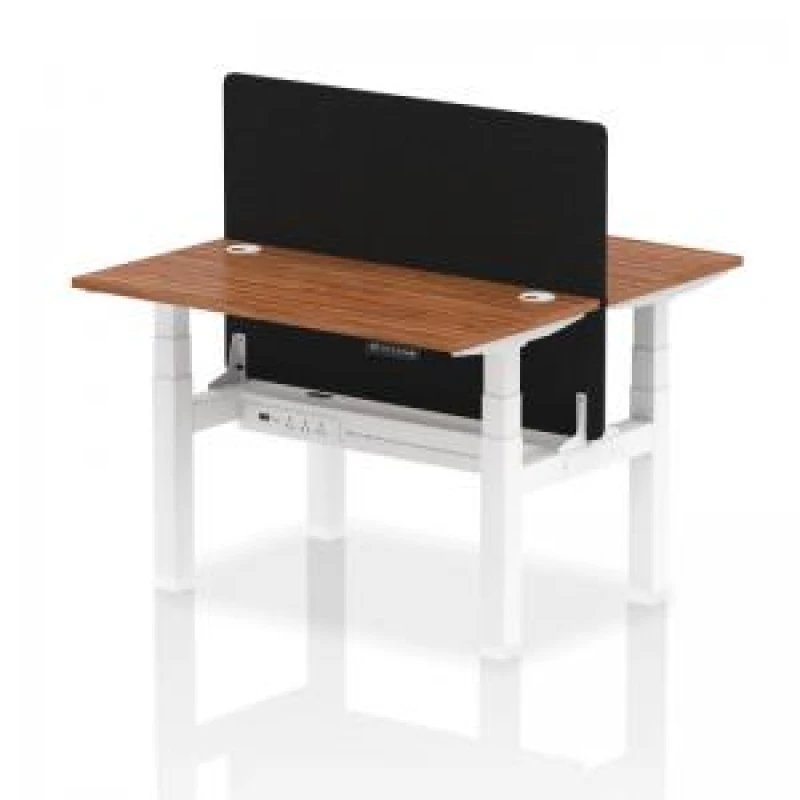 Image of Air Back - to - Back 1200 x 600mm Height Adjustable 2 Person Bench Office Desk Walnut Top - Cable Ports White Frame - Black Straight Screen