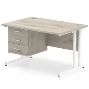 Image of Impulse 1200 Rectangle White Cant Leg Desk Grey Oak 1 x 3 Drawer Fixed Ped