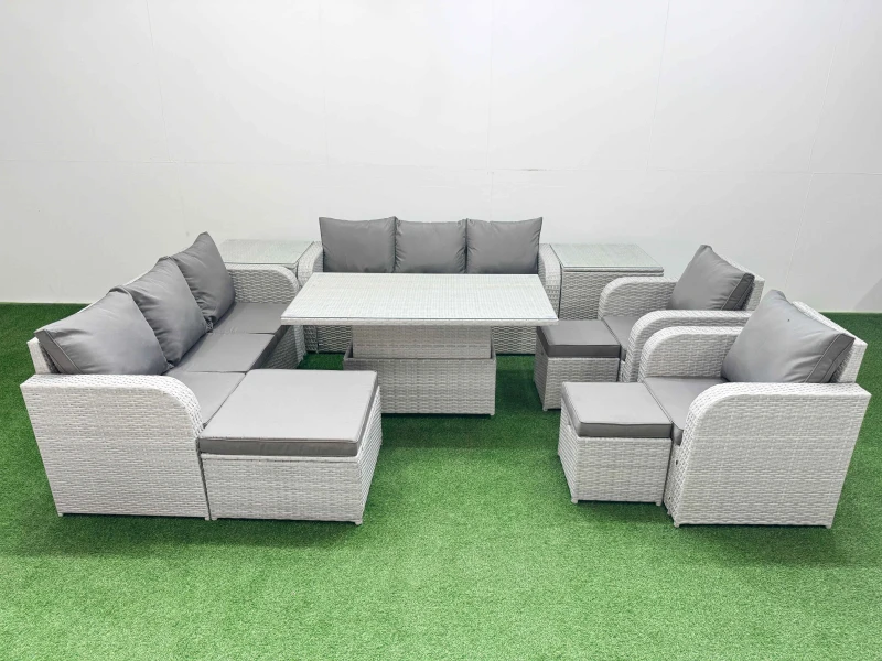 Image of Fimous PE Rattan High Back Lounge Sofa Set Patio Adjustable Lifting Dining or Coffee Table & Chairs Set with 3 Seater Sofa Reclining Chair 3 Stools 2