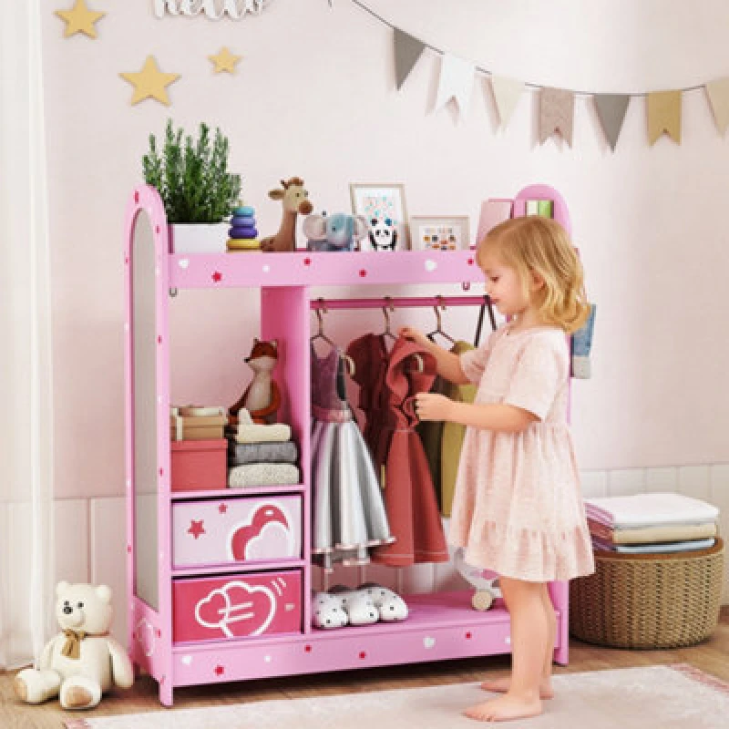 Image of Aiyaplay Kids Wardrobe, Kids Clothes Rail With Mirror For Bedroom, Pink