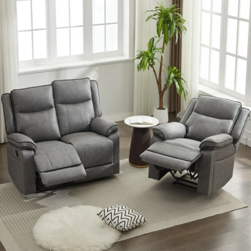Image of FURNITURE ONE Manual Reclining Leathaire Sofa Suite, Dark Gray - 2+3 Seater in Grey Grey Unisex