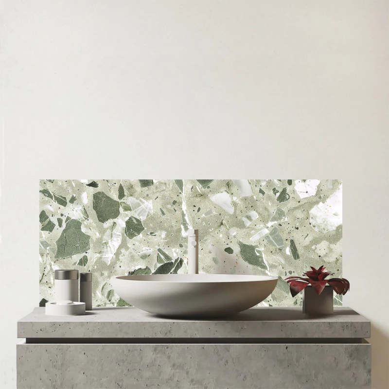 Image of Warren Reed - Designer Sage Green & White Quartz Effect Glass Bathroom Splashback in Pink Pink Unisex
