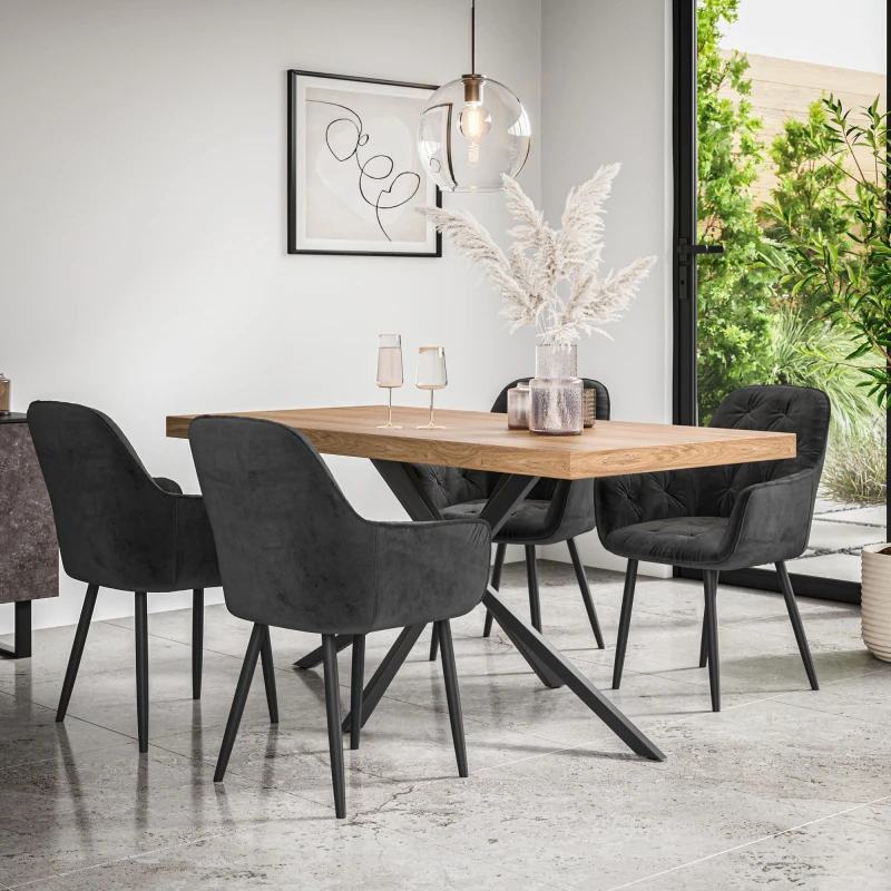 Image of More4Homes Donni Dining Table And Chairs - Oak Effect Table Top W Black Legs + Anika Velvet Dining Chair Set Of 4 (Black)