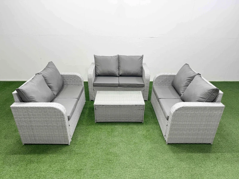 Image of Fimous 6 Seater PE Wicker Rattan Furniture Sofa Sets with Rectangular Coffee Table 2 Seater Love Sofa Light Grey Light Grey
