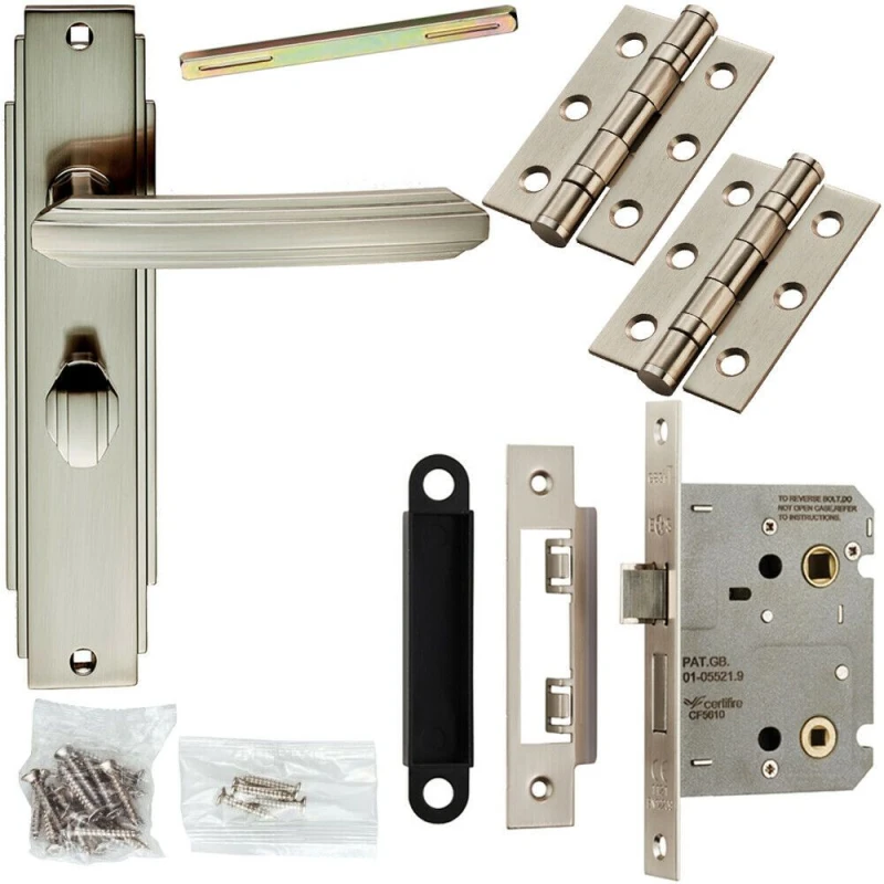 Image of Loops Door Handle & Bathroom Lock Pack Satin Nickel Art Deco Detail Premium Backplate Metallics