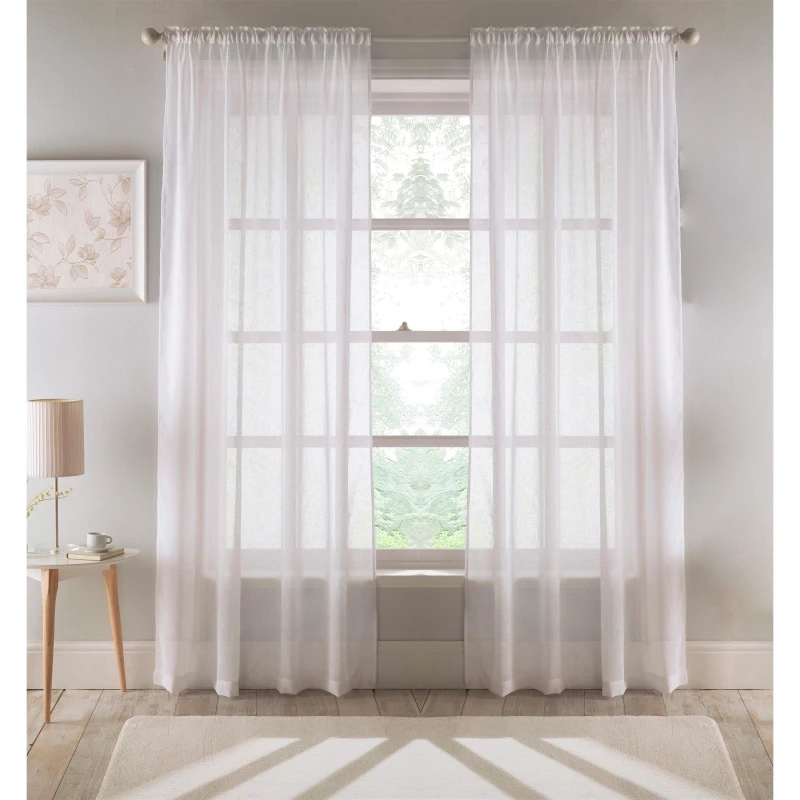 Image of Tyrone Textiles Recycled Eco Friendly Linen Look Plan Voile Panel Pair with Rod Pocket- Ready To Hang White