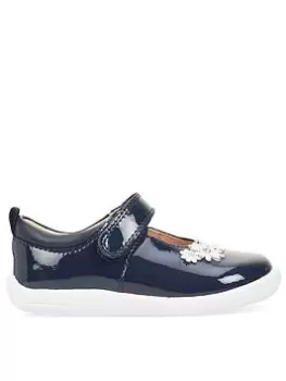 Start-rite Fairy Tale Girls Navy Blue Patent Leather Flower Detail Mary Jane Riptape Shoes - Navy Blue, Navy Patent, Size 5.5 Younger