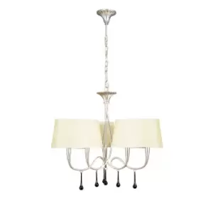Image of Paola Pendant 3 Arm 6 Light E14, Silver Painted With Cream Shades & Black Glass Droplets